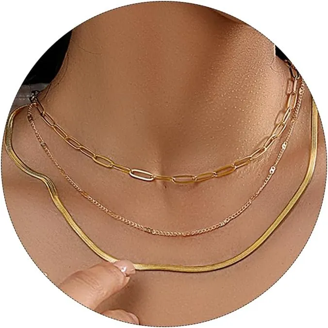 3PCS Gold Necklace for Women Herringbone Necklace for Women Snake Necklace, Paperclip Chain Necklaces for Women, Twisted Rope and Twisted Chain, Adjustable Layered Necklaces for Women