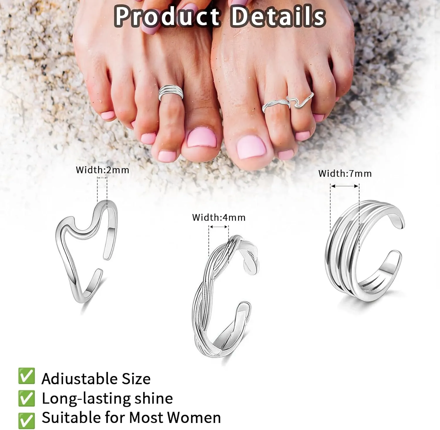 3Pcs Gold Toe Rings for Women Adjustable size Hypoallergenic Small Toe Ring Dainty Stainless Steel Toe ring Summer Beach Barefoot Jewelry