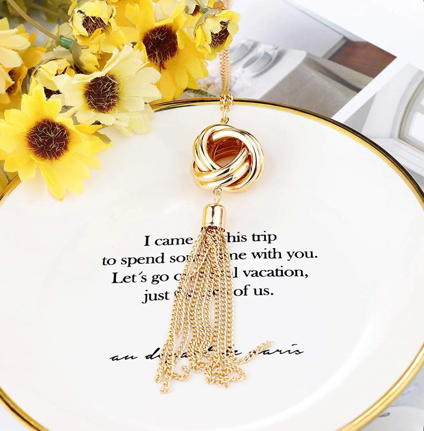3PCS Long Pendant Necklaces for Women Disk Circle Pendant Triple Stack Pendant Necklace Tassel Sweater Necklace Statement Necklace Y Necklaces Set