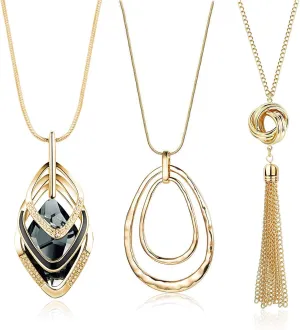 3PCS Long Pendant Necklaces for Women Disk Circle Pendant Triple Stack Pendant Necklace Tassel Sweater Necklace Statement Necklace Y Necklaces Set