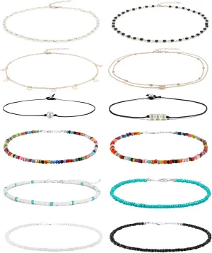 4-12 Pieces Beaded Choker Necklaces for Women Boho Seed Bead Choker Set Hawaiian Handmade Turquoise Beach Beads Necklace Chain Jewelry
