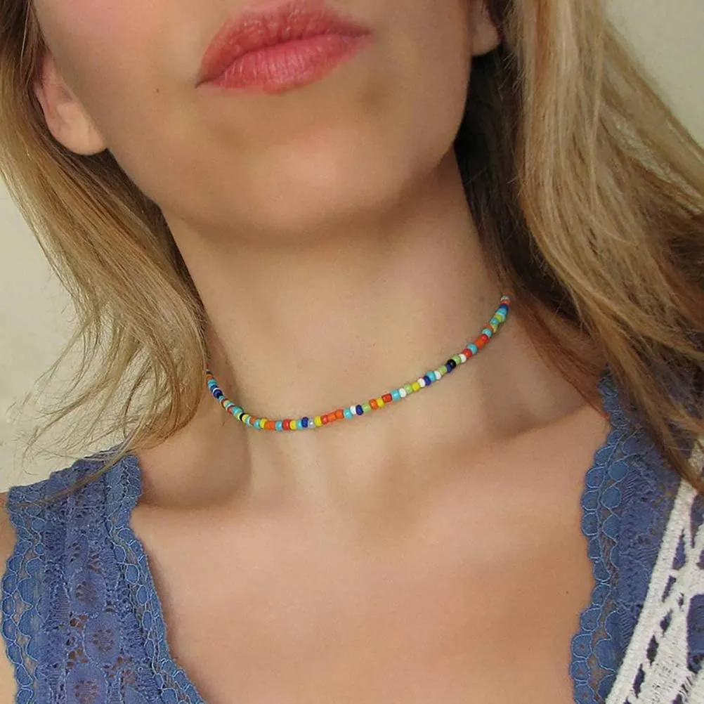 4-12 Pieces Beaded Choker Necklaces for Women Boho Seed Bead Choker Set Hawaiian Handmade Turquoise Beach Beads Necklace Chain Jewelry