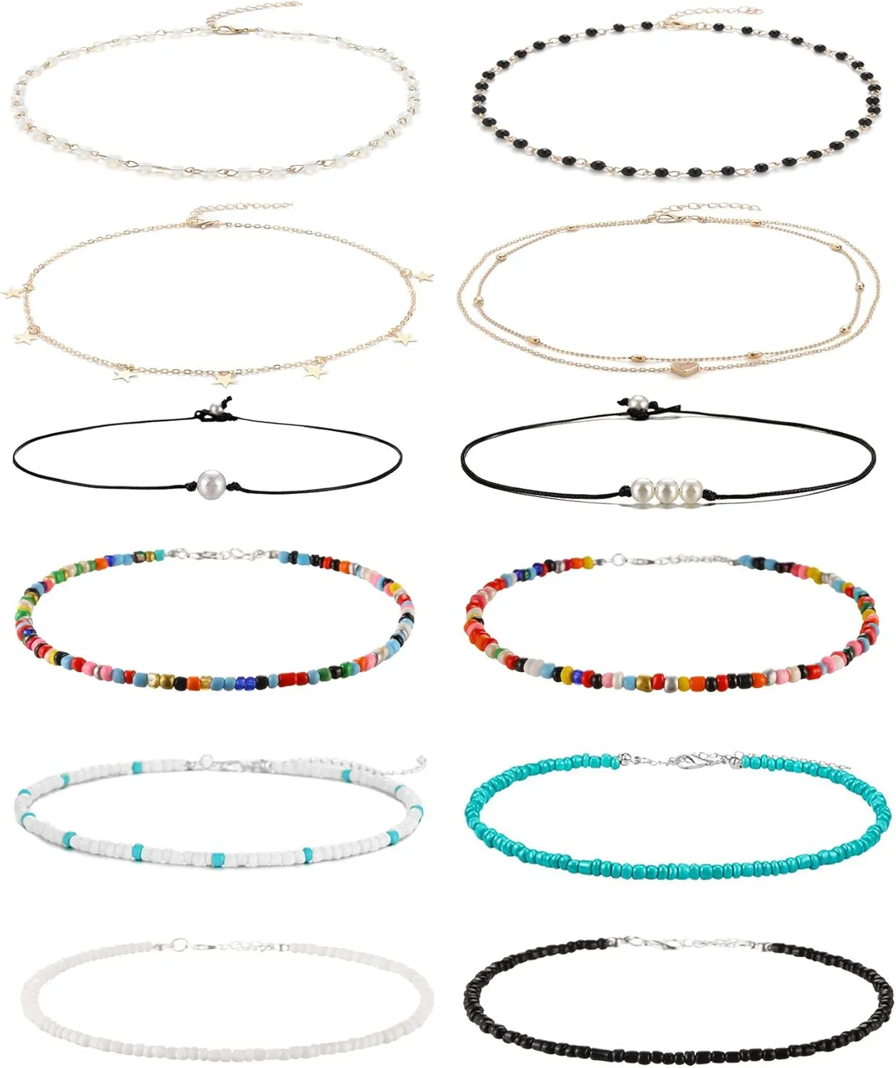 4-12 Pieces Beaded Choker Necklaces for Women Boho Seed Bead Choker Set Hawaiian Handmade Turquoise Beach Beads Necklace Chain Jewelry