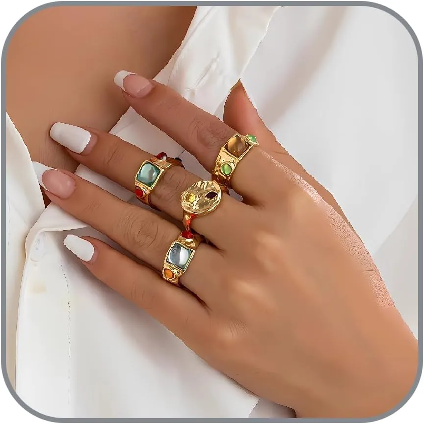 4 PCS Stacking Knuckle Rings Set for Wome Chunky Gold Rings Unique Statement Ring Crystal Rhinestone Thick Ring Sets Non Tarnish Signet Ring Geometric Wrap Finger Ring Fashion Jewelry