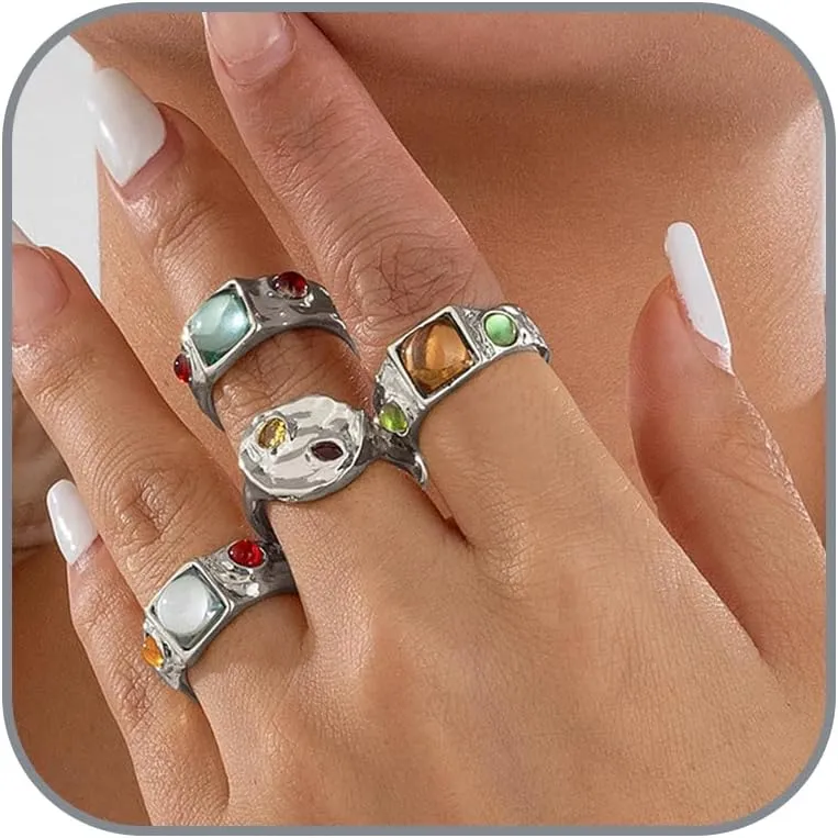4 PCS Stacking Knuckle Rings Set for Wome Chunky Gold Rings Unique Statement Ring Crystal Rhinestone Thick Ring Sets Non Tarnish Signet Ring Geometric Wrap Finger Ring Fashion Jewelry