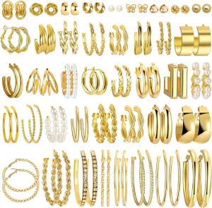 41Pairs Gold Hoop Earring Sets for Women, Fashion Chunky Pearl Earrings Multipack Twisted Statement Earring Pack Small Pearl Earrings for Gift 