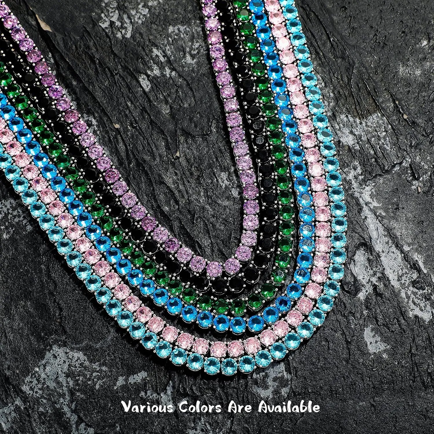 5MM Colorful Baguette Tennis Necklaces For Women Chains 14K Golden Silver Plated 5A  Cubic Zirconia Tennis Mens Chain Necklaces Woman