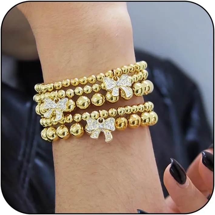 5Pcs Gold Bow Bracelet for Women Stretch Gold Beaded Bracelets Adjustable Bead Ball Bracelets Stackable Bow Bracelets Bow Accessories Jewelry
