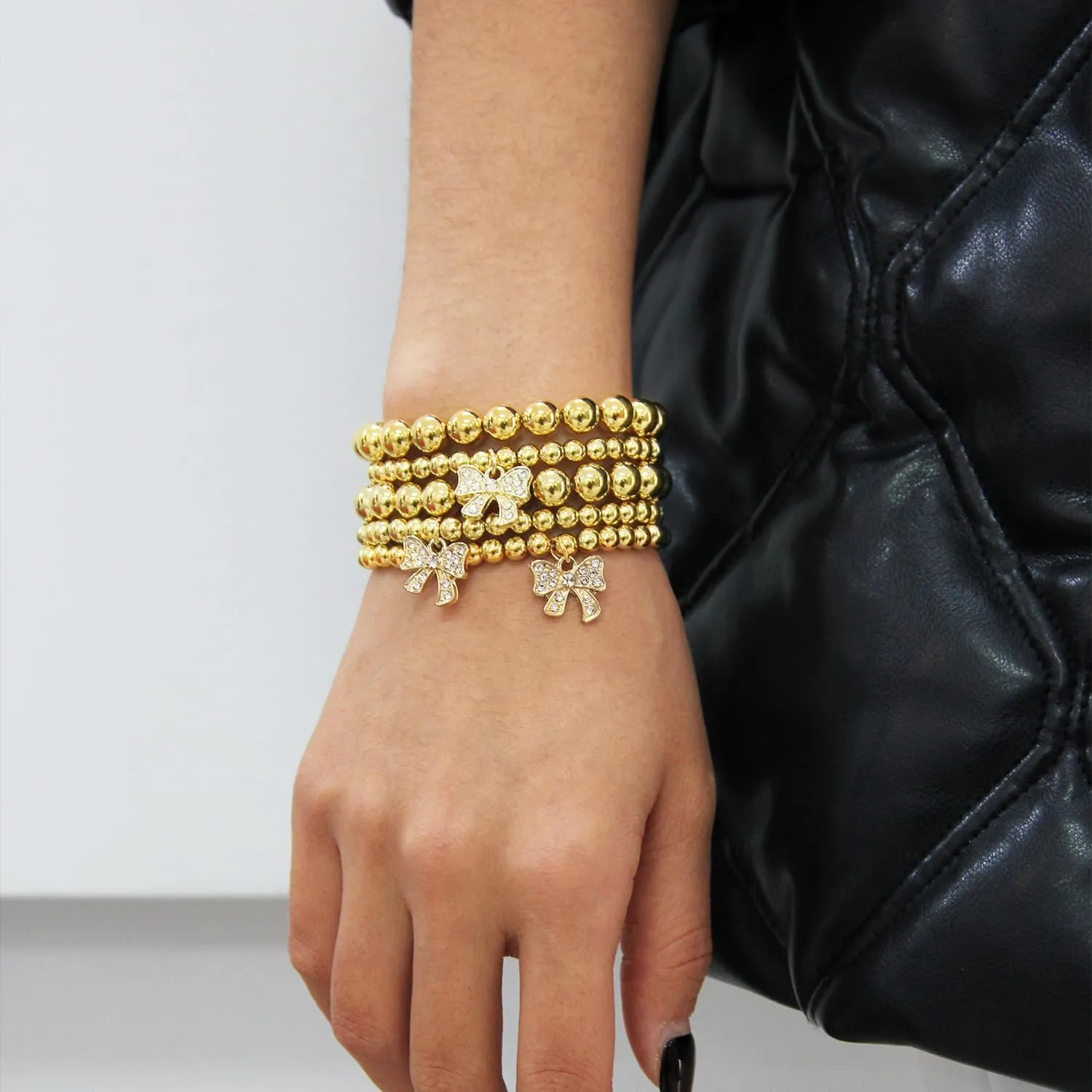 5Pcs Gold Bow Bracelet for Women Stretch Gold Beaded Bracelets Adjustable Bead Ball Bracelets Stackable Bow Bracelets Bow Accessories Jewelry