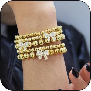 5Pcs Gold Bow Bracelet for Women Stretch Gold Beaded Bracelets Adjustable Bead Ball Bracelets Stackable Bow Bracelets Bow Accessories Jewelry