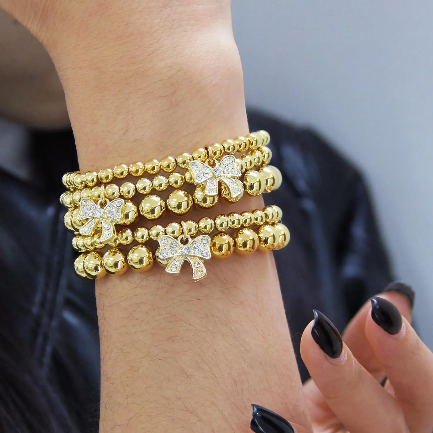 5Pcs Gold Bow Bracelet for Women Stretch Gold Beaded Bracelets Adjustable Bead Ball Bracelets Stackable Bow Bracelets Bow Accessories Jewelry