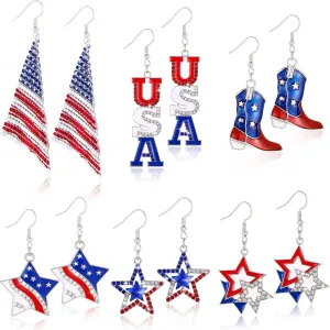 6 Pairs 4th of July Earrings for Women Patriotic American Flag Star Earring Red White Blue Dangle Drop Earrings Holiday Jewelry Gift
