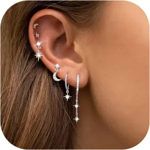6Pcs/6Pairs 14K Gold Earrings Set for Women Moon Star Hoop Dainty Earrings Stackable Cubic Zirconia CZ Chain Drop Dangle Earrings Stacks for Multiple Piercing