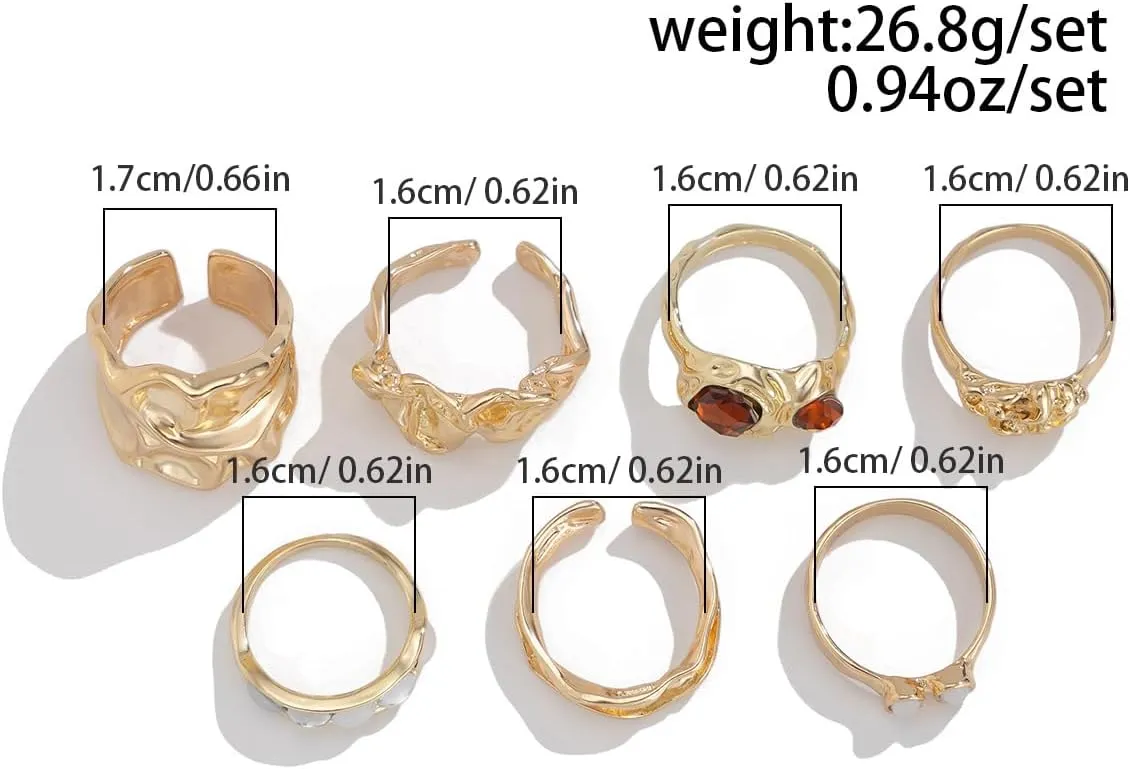 7 PCS Chunky Gold Rings Set for Women Stacking Knuckle Rings Unique Statement Ring Crystal Rhinestone Thick Ring Sets Non Tarnish Signet Ring Geometric Wrap Finger Ring Fashion Jewelry