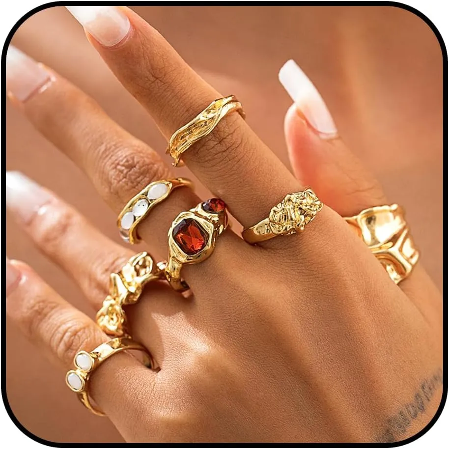 7 PCS Chunky Gold Rings Set for Women Stacking Knuckle Rings Unique Statement Ring Crystal Rhinestone Thick Ring Sets Non Tarnish Signet Ring Geometric Wrap Finger Ring Fashion Jewelry
