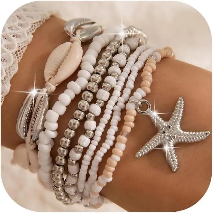 7Pcs Beaded Stretch Bracelets for Women,Bohemian Stackable Elastic Seashell Starfish Bracelets Handmade Ocean Beach Bracelet String Friendship Party Beach Vacation Jewelry