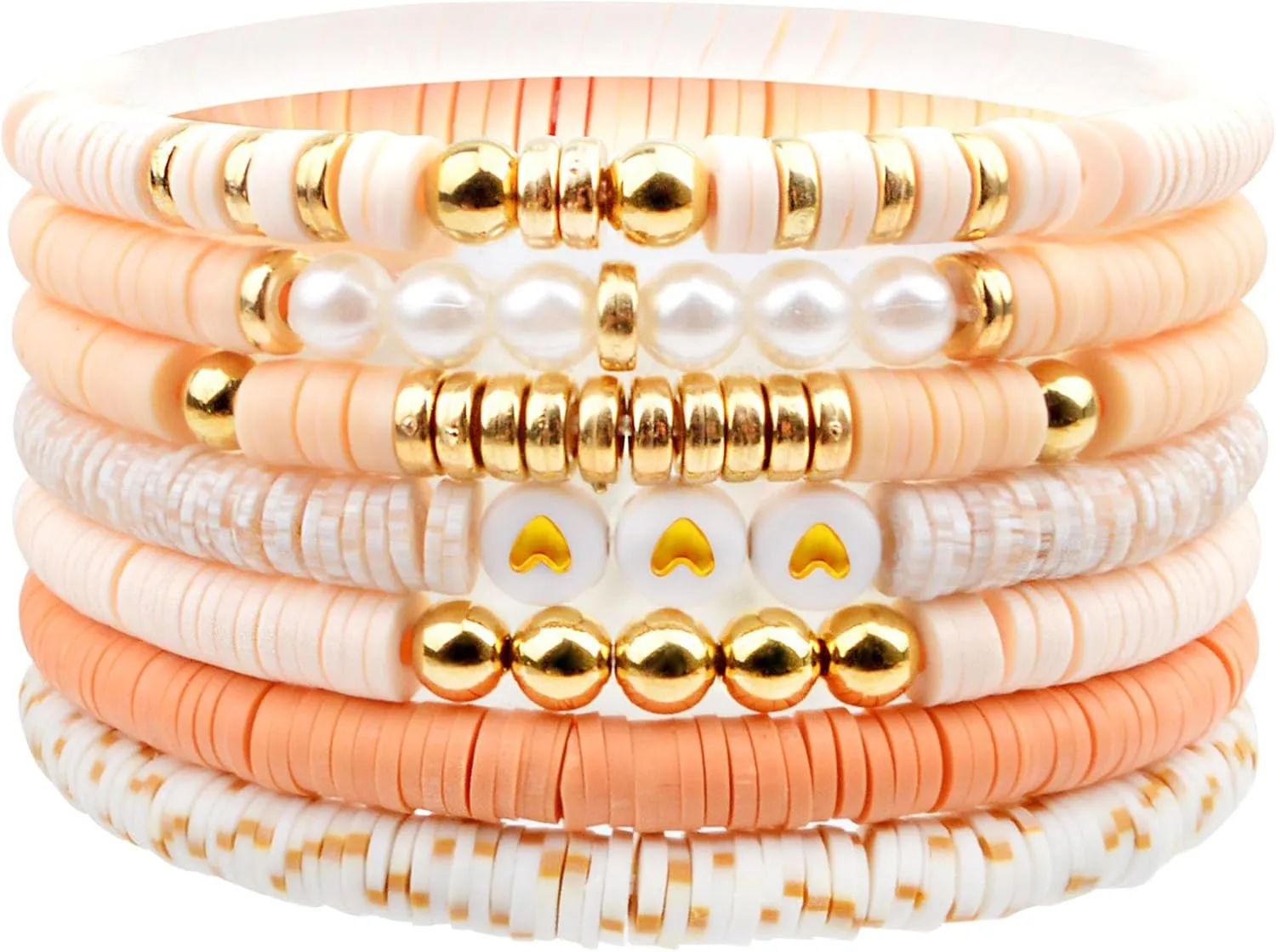 7pcs Trendy Friendship Bracelets Heishi Clay Bead Stack Colorful Beaded Pearls Stretch Boho Stackable Bracelet Jewelry Bulk for Women Summer Beach Birthday Gifts