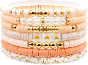 7pcs Trendy Friendship Bracelets Heishi Clay Bead Stack Colorful Beaded Pearls Stretch Boho Stackable Bracelet Jewelry Bulk for Women Summer Beach Birthday Gifts