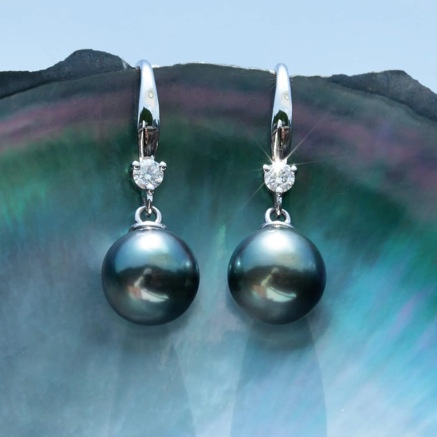 8-12MM Tahitian Black Pearl with Moissanite Hook Earrings, AAA Handselected Nature Black Pearls, D Color Moissanite Diamond, 18K White Gold Plated Sterling Silver Earrings