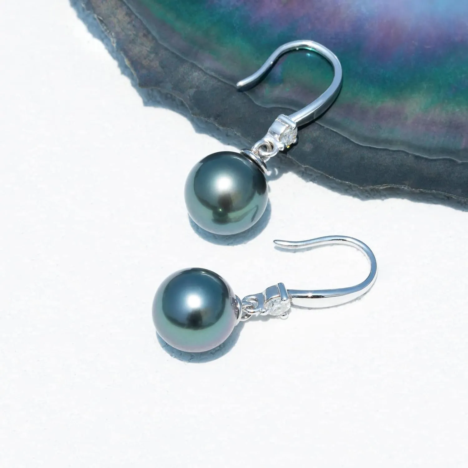 8-12MM Tahitian Black Pearl with Moissanite Hook Earrings, AAA Handselected Nature Black Pearls, D Color Moissanite Diamond, 18K White Gold Plated Sterling Silver Earrings