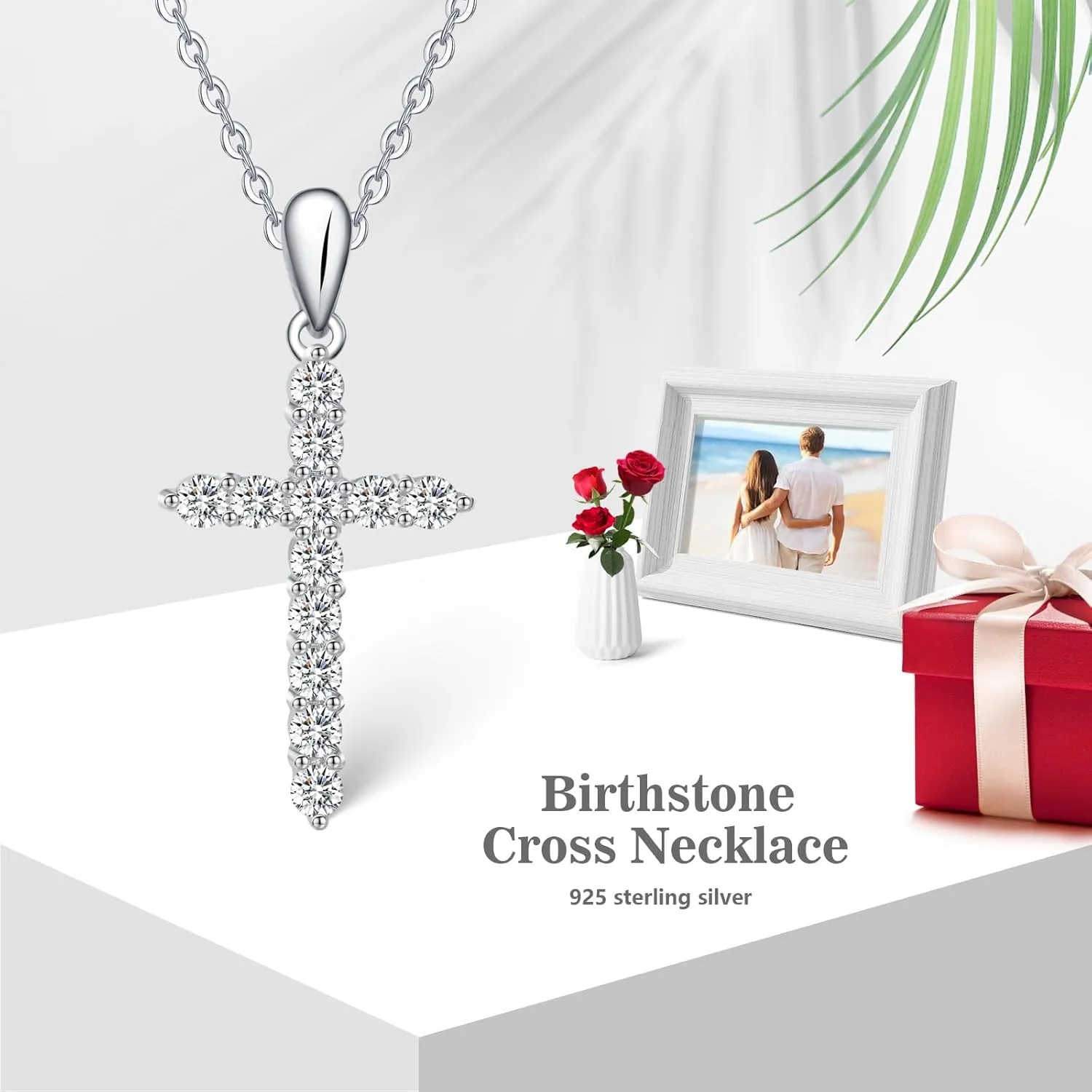 925 Sterling Silver Birthstone Cross Pendant Necklaces Silver 5A CZ Birthstone Cross Necklaces Birthstone Necklace for Women, 18 2" Chain