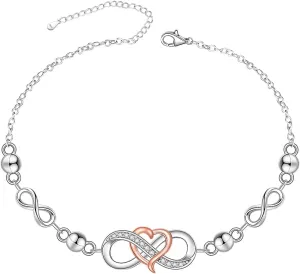 925 Sterling Silver Infinity Anklet Beaded Ankle Bracelets Heart Anklet Jewelry Mother's Day Gifts for Women Mom Birthday