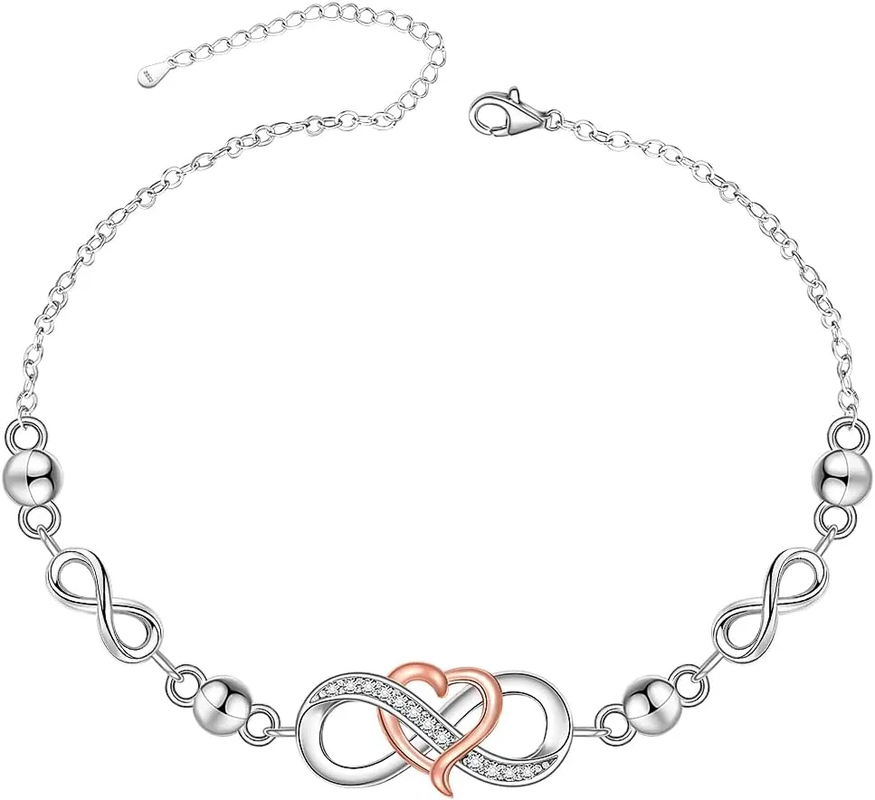 925 Sterling Silver Infinity Anklet Beaded Ankle Bracelets Heart Anklet Jewelry Mother's Day Gifts for Women Mom Birthday