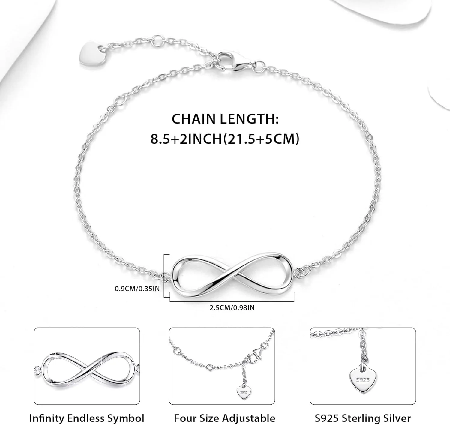 925 Sterling Silver Infinity Bracelets for Women 14K White Gold Plated Adjustable Charm Link Infinity Bracelet Anklet Dainty Infinity Symbol Jewelry Gifts for Festival Vacation