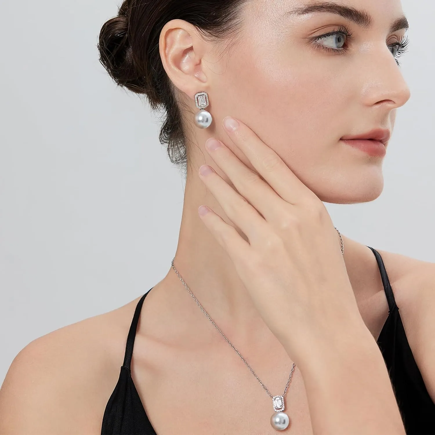 925 Sterling Silver Pearl Jewelry Set for Women, Glossy Simulated Pearl Earrings and Necklace Jewelry Set for Birthday,Wedding,Anniversary Chain 18inch, Jewelry Gift for Women