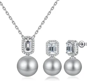 925 Sterling Silver Pearl Jewelry Set for Women, Glossy Simulated Pearl Earrings and Necklace Jewelry Set for Birthday,Wedding,Anniversary Chain 18inch, Jewelry Gift for Women