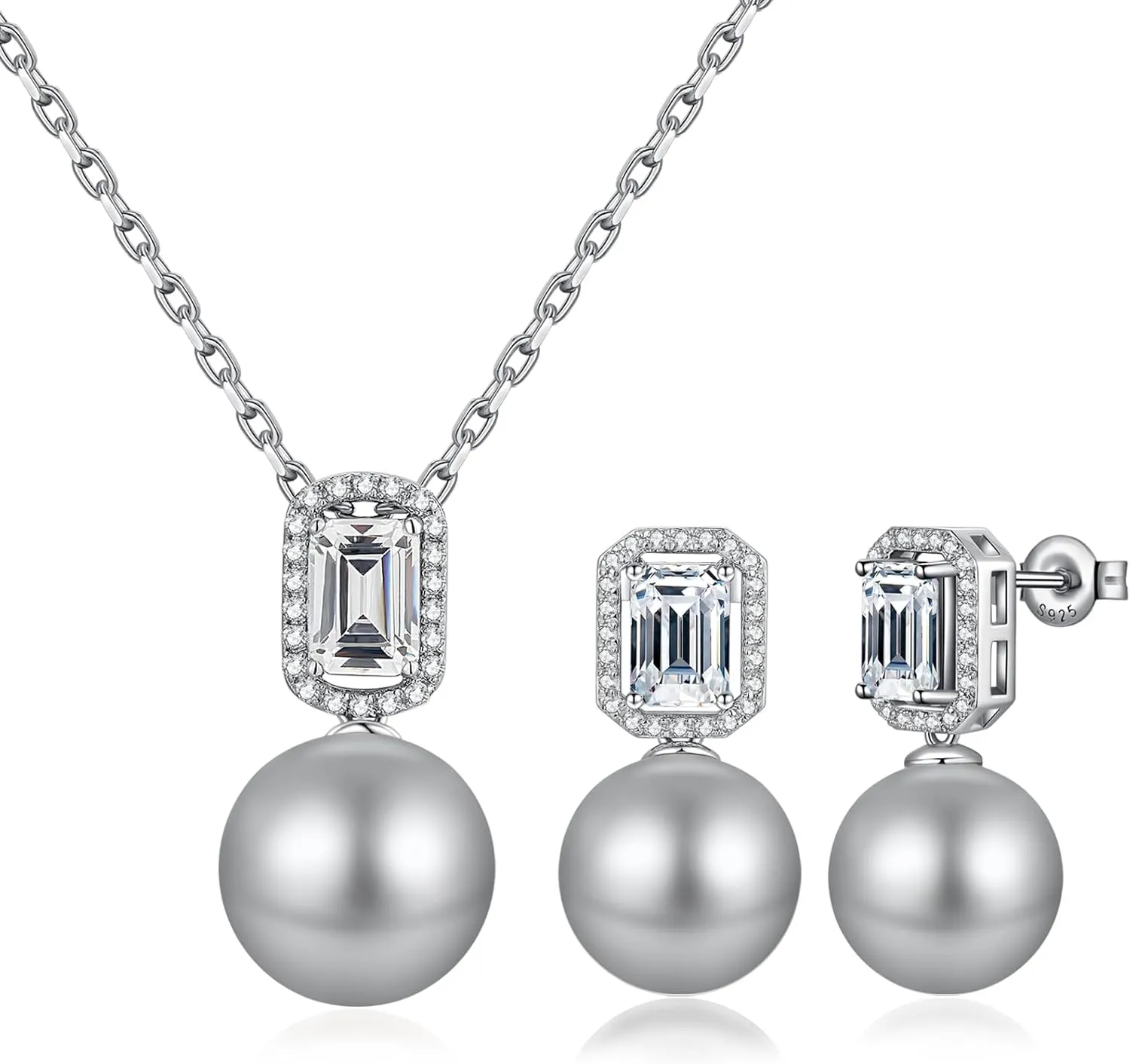 925 Sterling Silver Pearl Jewelry Set for Women, Glossy Simulated Pearl Earrings and Necklace Jewelry Set for Birthday,Wedding,Anniversary Chain 18inch, Jewelry Gift for Women