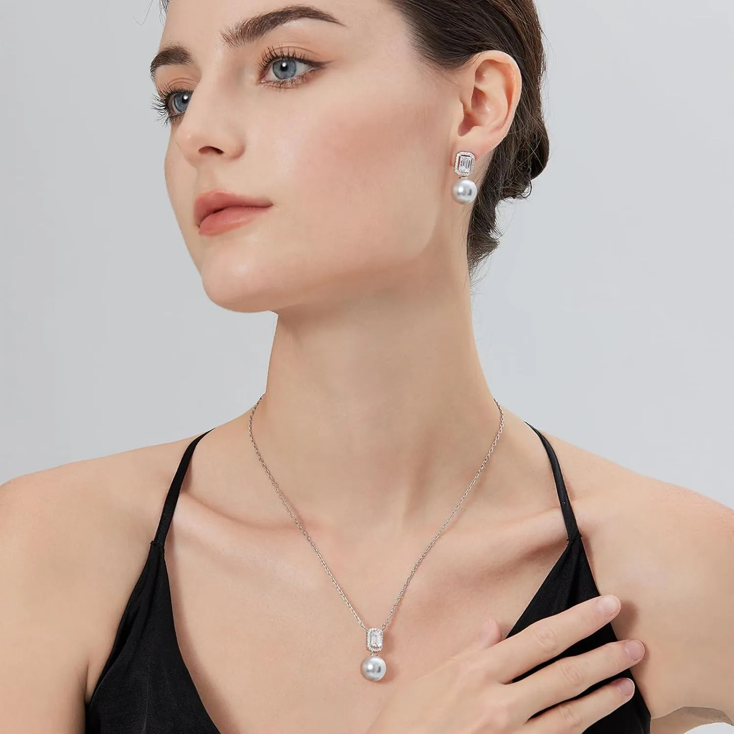 925 Sterling Silver Pearl Jewelry Set for Women, Glossy Simulated Pearl Earrings and Necklace Jewelry Set for Birthday,Wedding,Anniversary Chain 18inch, Jewelry Gift for Women