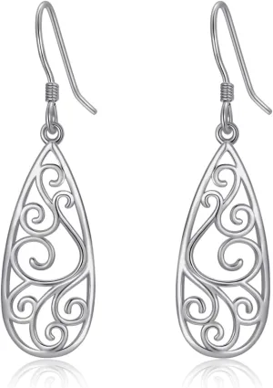 925 Sterling Silver Post Dangle Drop Earrings for Women 18K Gold Plated Filigree Teardrop Dangling Hook Earrings Jewelry for Birthday