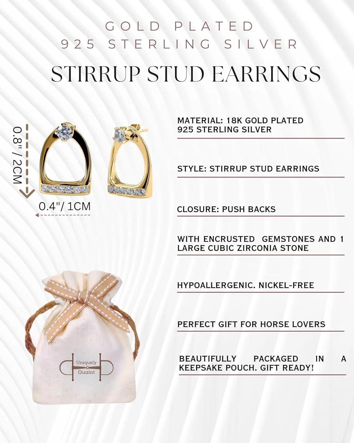 925 Sterling Silver Stirrup & Horsebit Stud Earrings with Diamond-shine CZ options, Polished Gold or Silver Finish. Elegant Horse Earrings