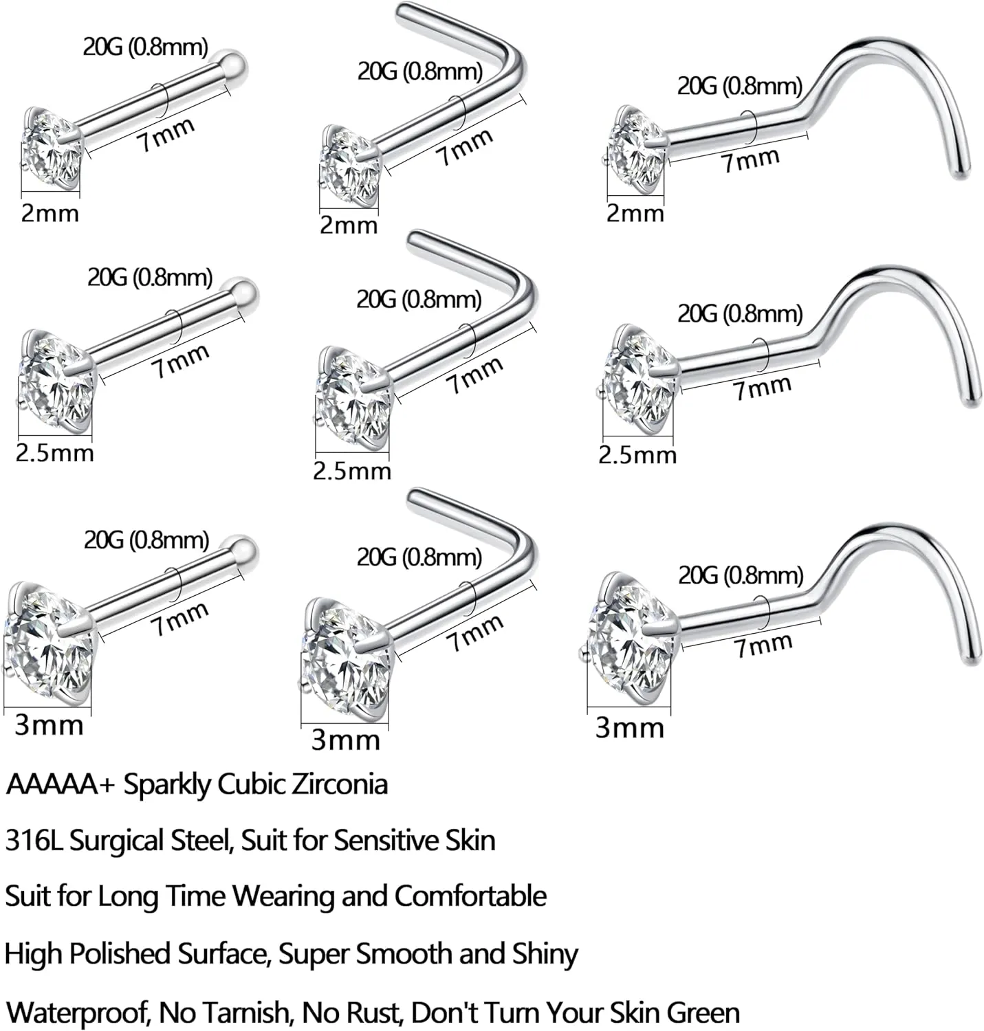 9Pcs 15Pcs Nose Rings Studs Corkscrew L Shape 20 22 Gauge Nose Piercing Jewelry Real Nose Piercings Surgical Steel 20G 22G Nose Rings Jewelry for Women Men 2mm 2.5mm 3mm CZ Gold Silver