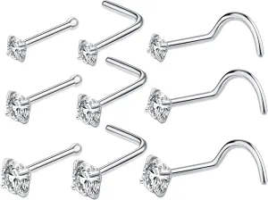 9Pcs 15Pcs Nose Rings Studs Corkscrew L Shape 20 22 Gauge Nose Piercing Jewelry Real Nose Piercings Surgical Steel 20G 22G Nose Rings Jewelry for Women Men 2mm 2.5mm 3mm CZ Gold Silver
