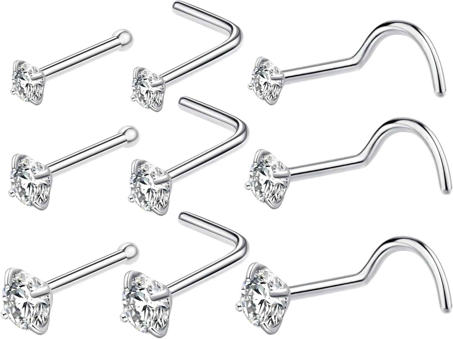 9Pcs 15Pcs Nose Rings Studs Corkscrew L Shape 20 22 Gauge Nose Piercing Jewelry Real Nose Piercings Surgical Steel 20G 22G Nose Rings Jewelry for Women Men 2mm 2.5mm 3mm CZ Gold Silver