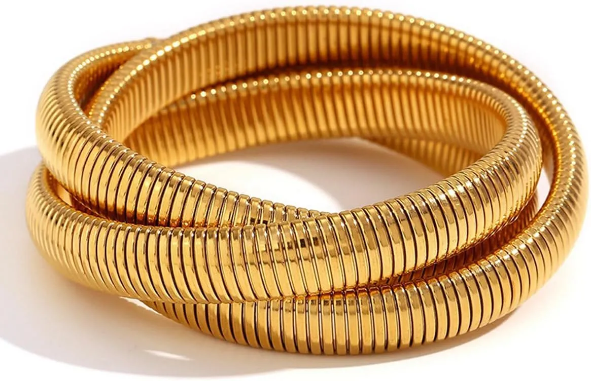 A D. ALLEN & DANMI. 18 K Gold Plated Chunky Titanium Bracelet Stack, Flexible Wide Wristband Bangle Layered Snake Chain Bracelet for Women