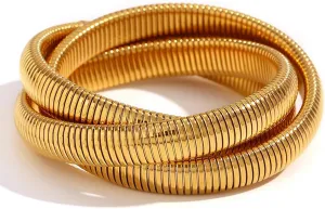 A D. ALLEN & DANMI. 18 K Gold Plated Chunky Titanium Bracelet Stack, Flexible Wide Wristband Bangle Layered Snake Chain Bracelet for Women