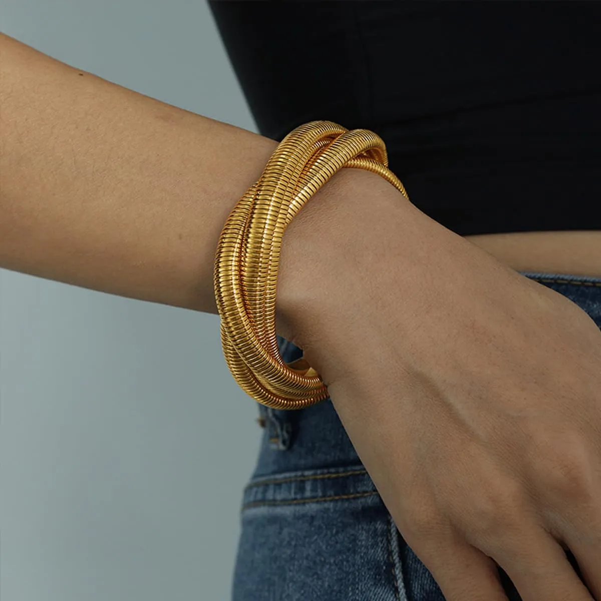 A D. ALLEN & DANMI. 18 K Gold Plated Chunky Titanium Bracelet Stack, Flexible Wide Wristband Bangle Layered Snake Chain Bracelet for Women
