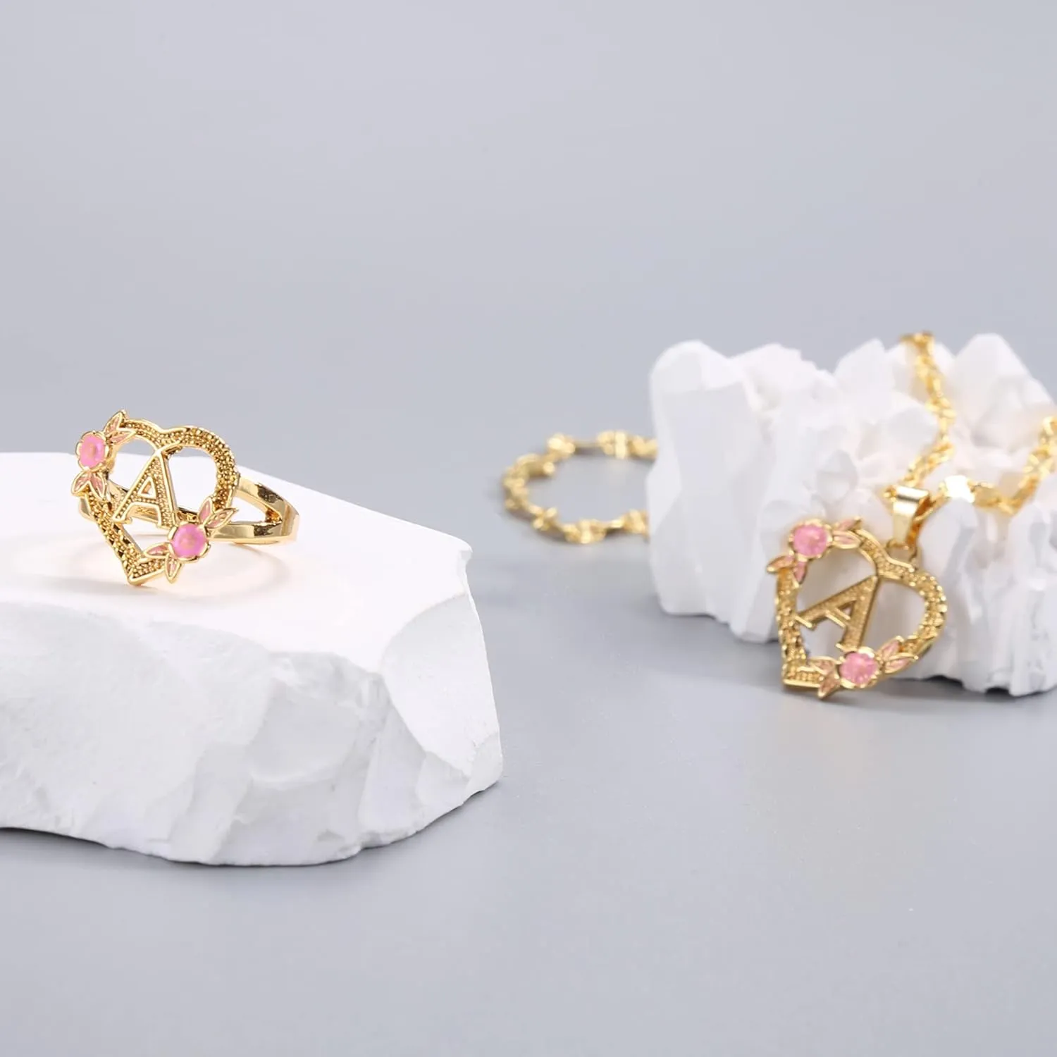 A Initial Necklaces for Girls Gold Letter M Heart Pendant Flower Necklaces Initial Rings with Rose Gift Box Set