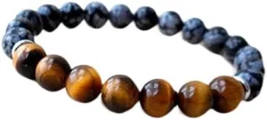AAA   Rare Quality Mens Buddhist Protection Bracelet, Mens Strength Bracelet, Healing Jewelry, Prayer Beads, Mala Bracelet - Snowflake Obsidian, Tigers Eye 5mm Code- WAR6850