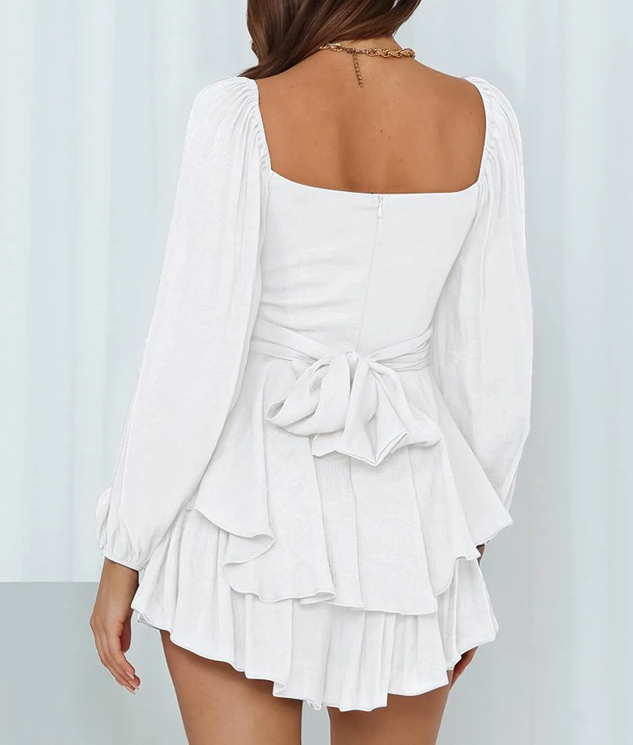 Ahtyeo Women's Casual Off Shoulder Romper Double Layer Ruffle Hem Waist Tie Short Jumpsuits Long Baggy Sleeves Mini Dress
