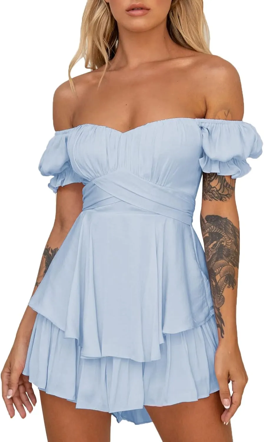 Ahtyeo Women's Casual Off Shoulder Romper Double Layer Ruffle Hem Waist Tie Short Jumpsuits Long Baggy Sleeves Mini Dress