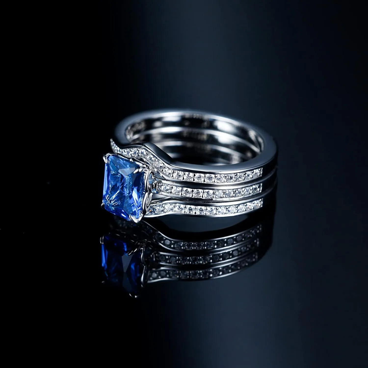 AiliFe Three-in-One Sapphire Rings Set for Women, 14K White Gold Plated Blue Cubic Zirconia Promise Engagement Wedding Bands Ring