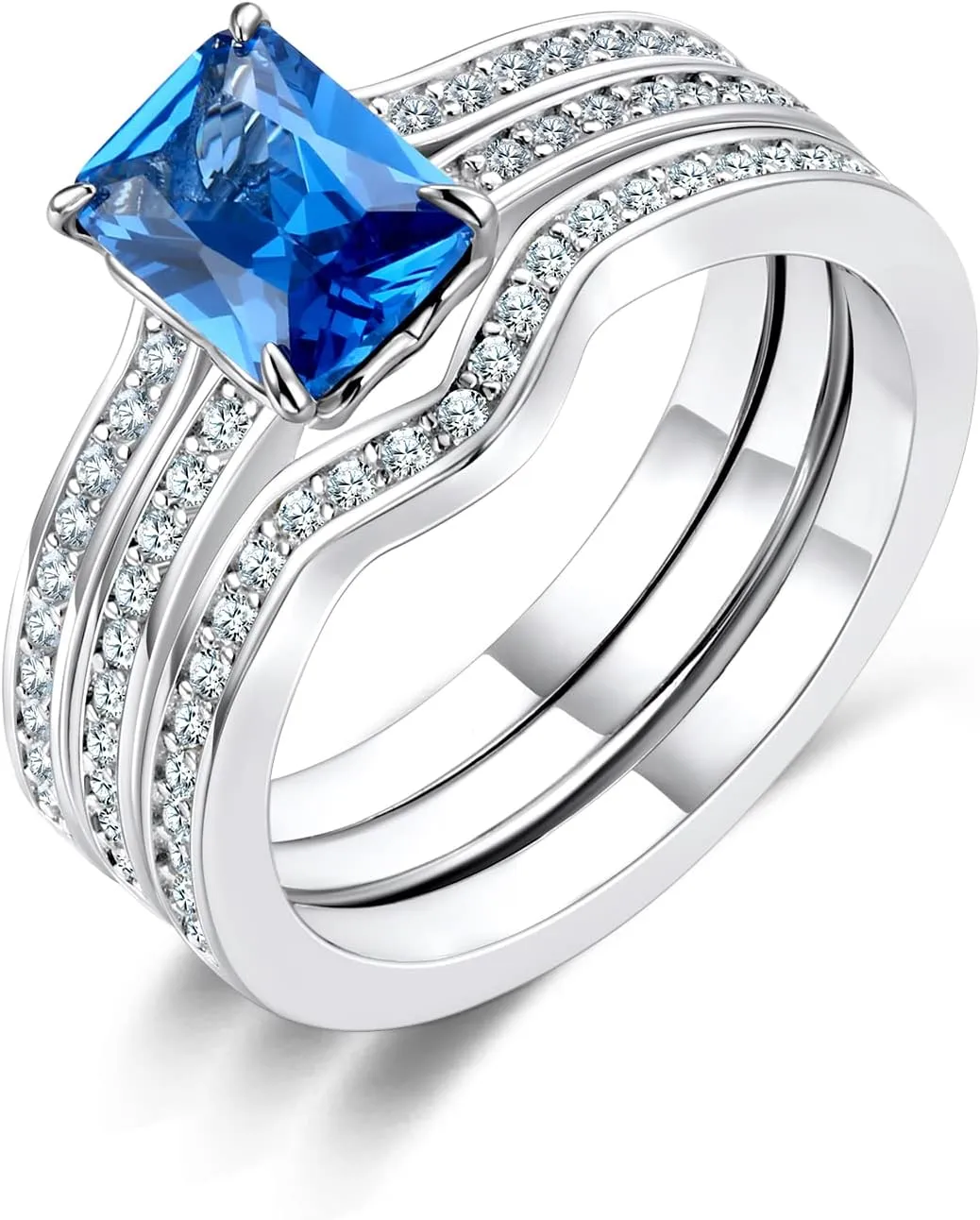 AiliFe Three-in-One Sapphire Rings Set for Women, 14K White Gold Plated Blue Cubic Zirconia Promise Engagement Wedding Bands Ring