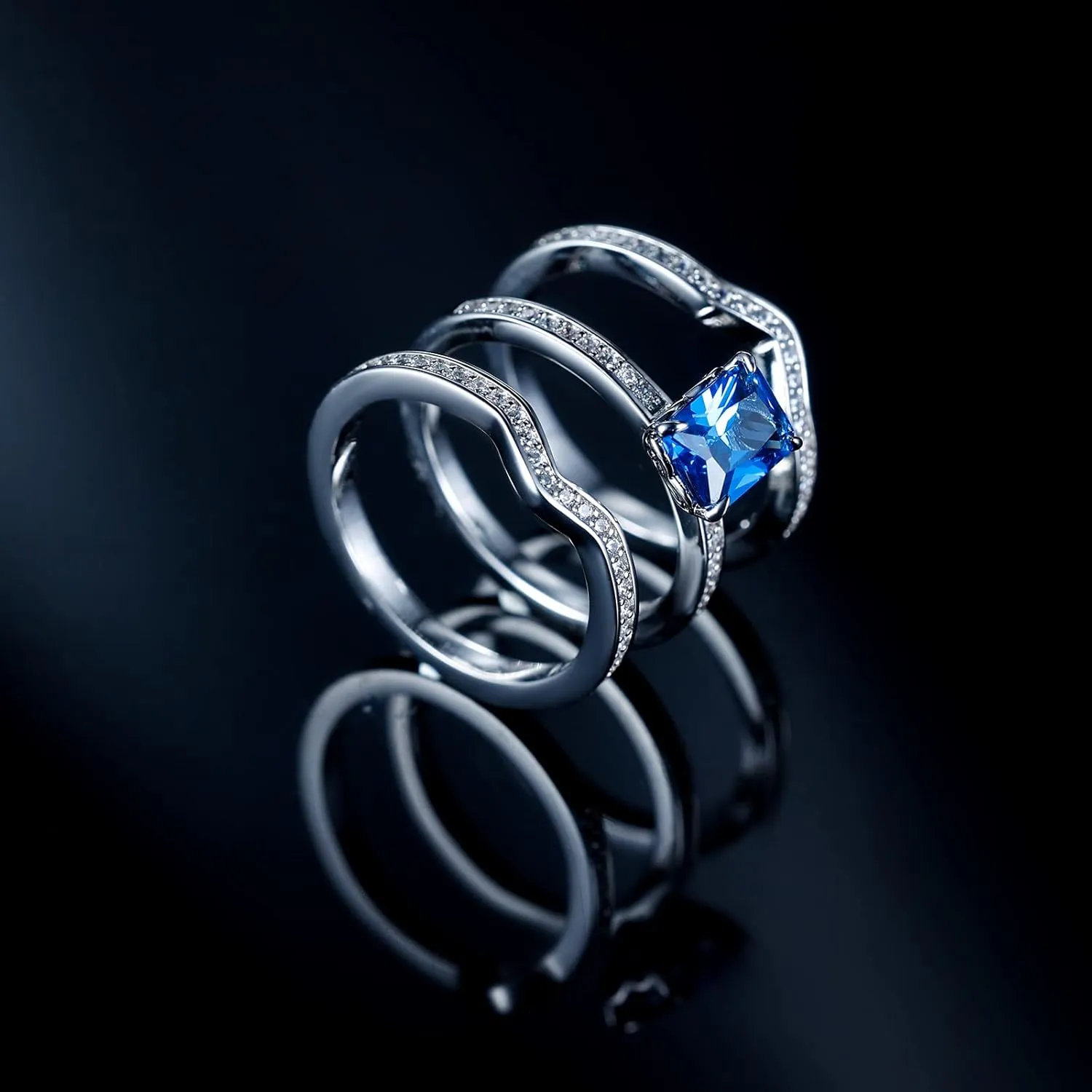AiliFe Three-in-One Sapphire Rings Set for Women, 14K White Gold Plated Blue Cubic Zirconia Promise Engagement Wedding Bands Ring
