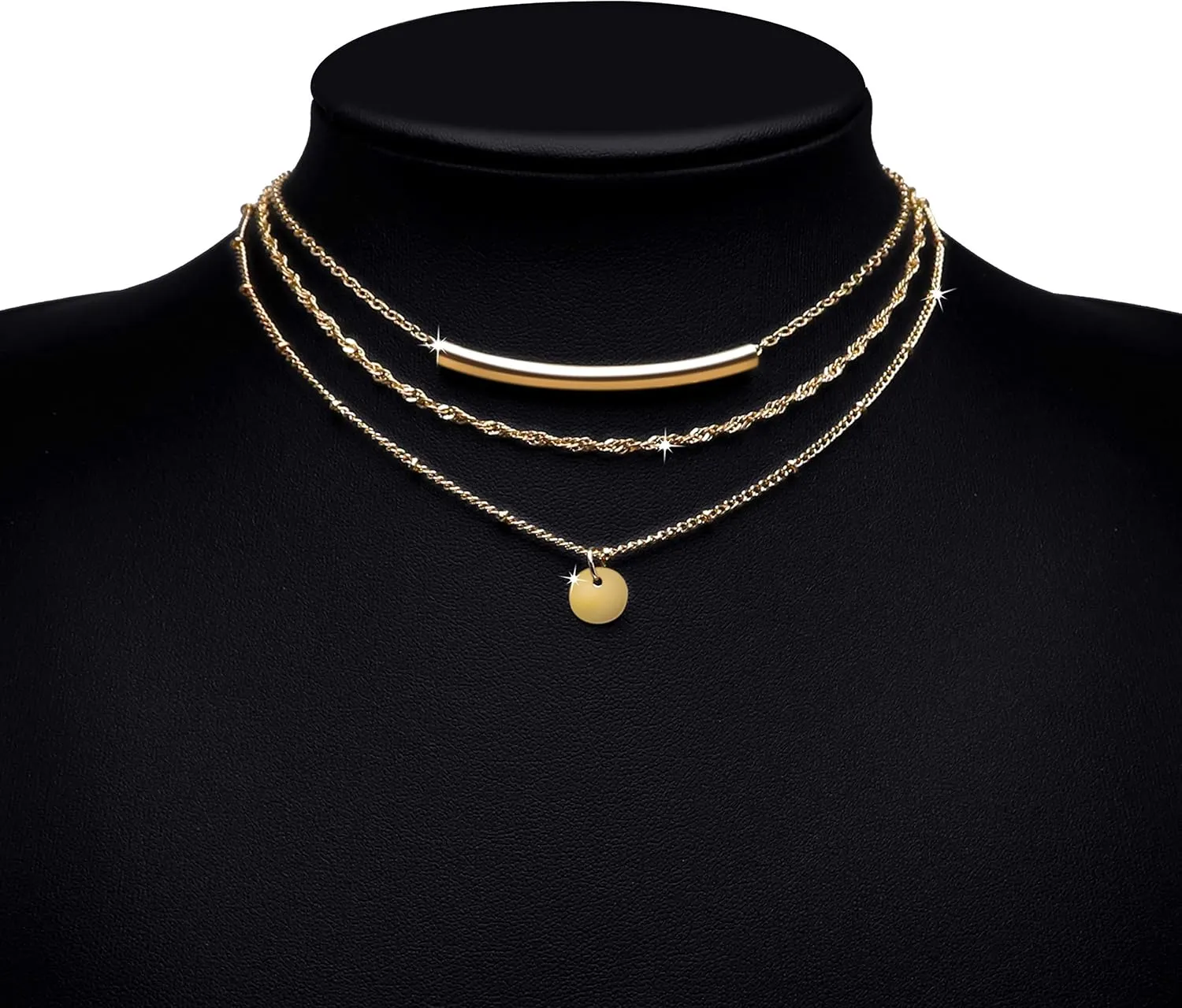 Aisansty Dainty Layered Choker Necklaces Handmade Coin Tube Star Pearl Pendant Multilayer Adjustable Layering Chain Gold Plated Necklaces Set for Women