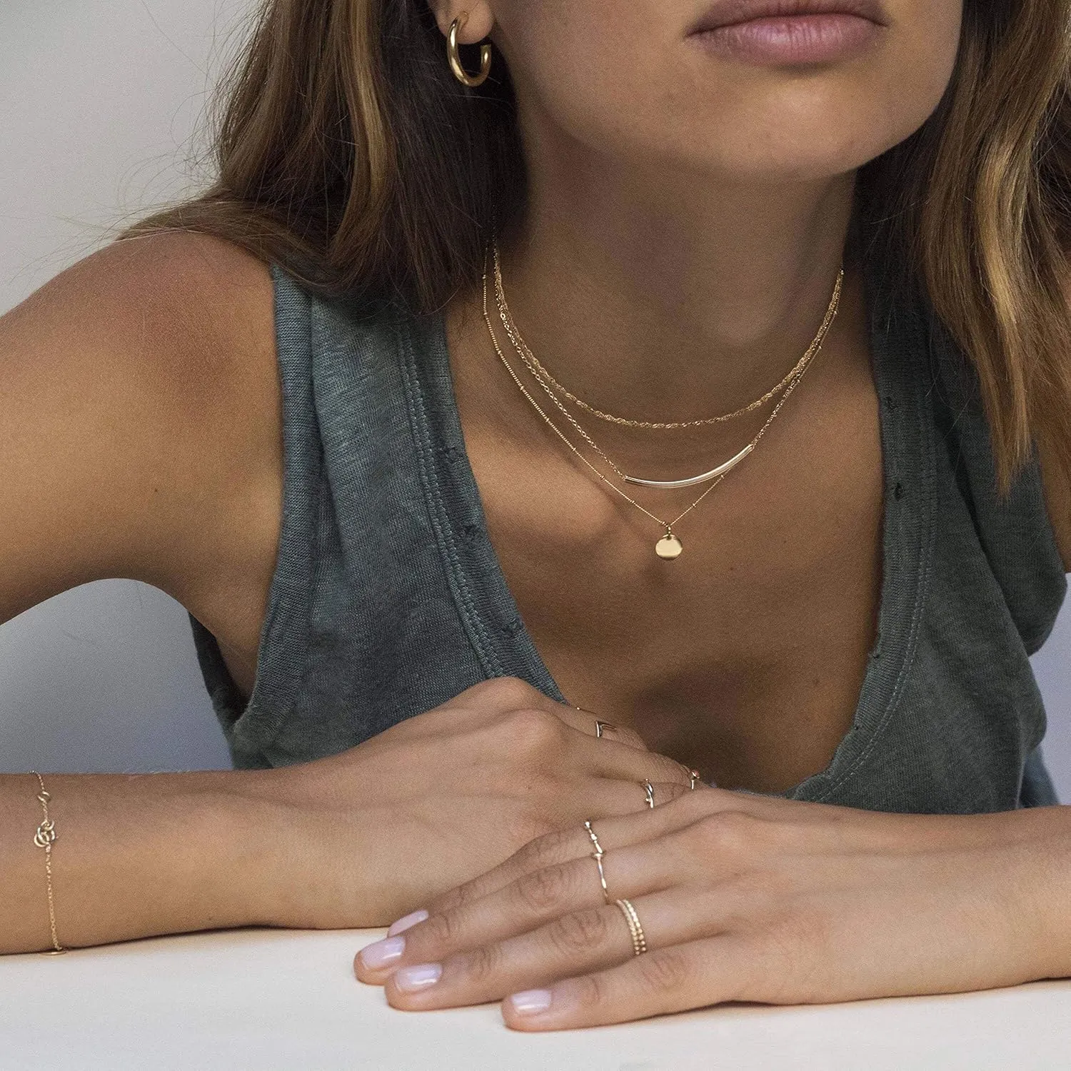 Aisansty Dainty Layered Choker Necklaces Handmade Coin Tube Star Pearl Pendant Multilayer Adjustable Layering Chain Gold Plated Necklaces Set for Women