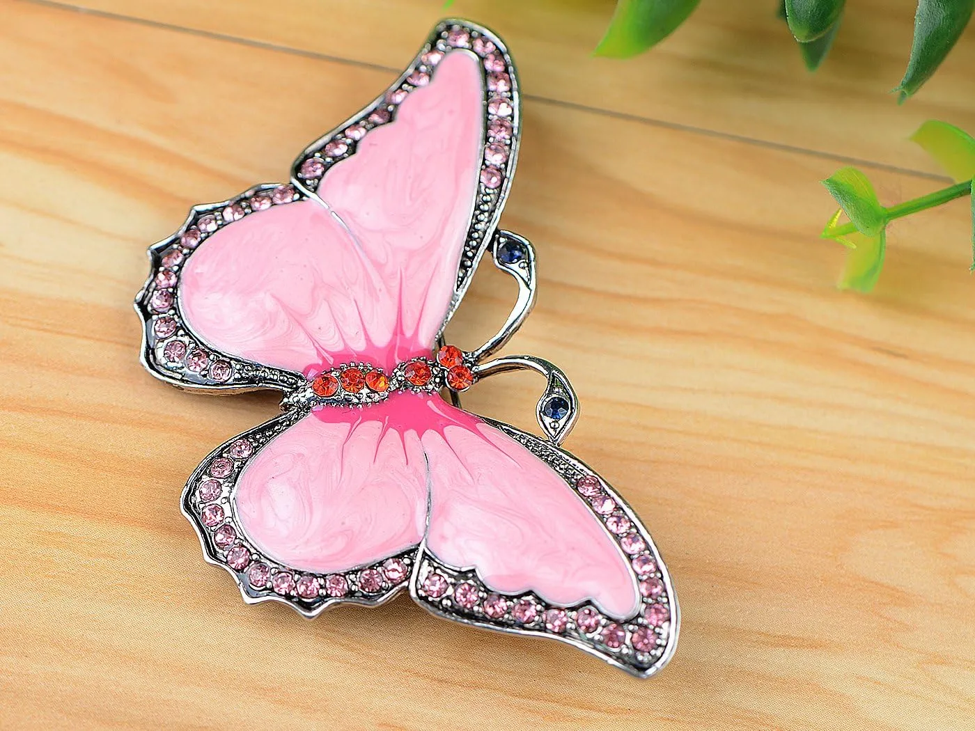 Alilang Womens Antique Silvery Tone Pink Rhinestones Pearlescent Bug Eyed Butterfly Brooch Pin